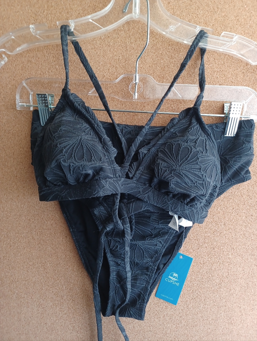 Cupshe Black Floral Lace V-Strap Bralette Bikini & High-Cut Brief S